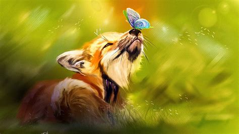 Download Wallpaper 1920x1080 Fox Butterfly Cute Animal Art Full Hd Hdtv Fhd 1080p Hd