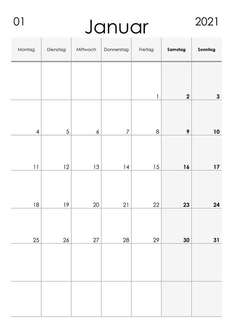 Kalender Januar 2021 Kleine Ziffern Im Hochformat Kalendersu