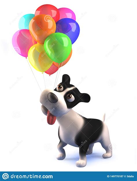 Cartoon Black And White Puppy Dog In 3d Playing With Colored Balloons