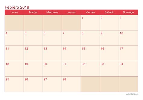 Calendario febrero 2019 para imprimir - iCalendario.net