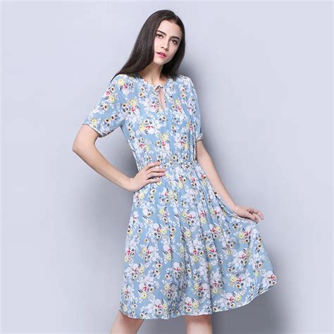 100 Silk Crepe Dress Light Blue Floral Printed Short Sleeve Summer