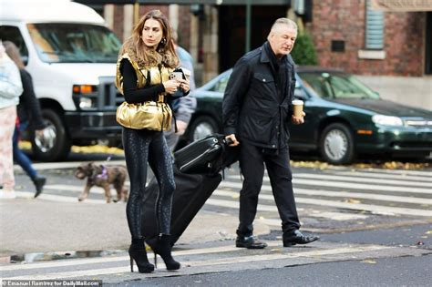 hilaria baldwin steps out in electric metallic leggings with alec hours before his interview