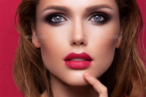 Portrait Of Beautiful Girl With Pink Lips Stock Photo By Korabkova