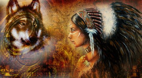 Un Collage Du Dollar Avec La Guerrière De Femme Et Le Loup Indiens