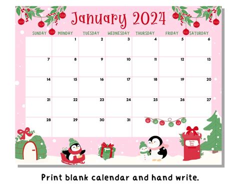 Editable January 2024 Calendar Printable Penguin Calendar 2024 Pink