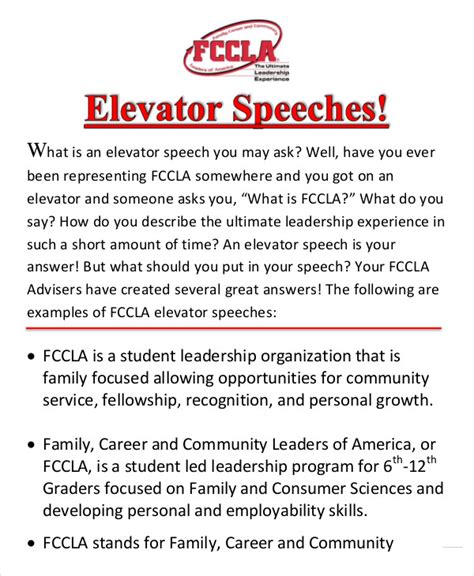 Most of the free speech samples offered at best speech topics. Elevator Speech Examples - 9+ Free Word, PDF Documents ...