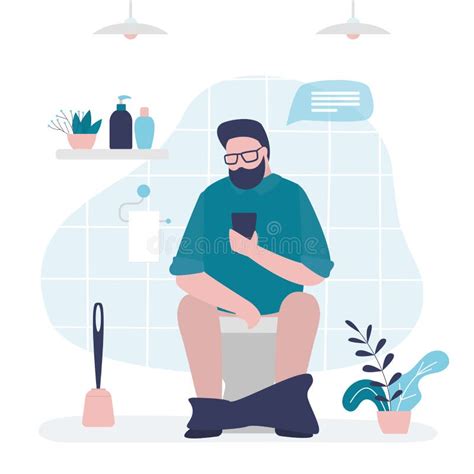 Man Or Pooping In Toilet Handsome Guy Use Smartphone And Chatting With