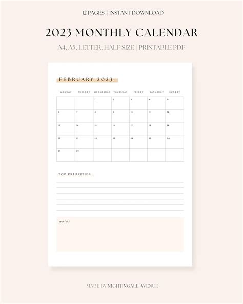 2023 Monthly Calendar Printable Pdf With Notes And Priorities Etsy