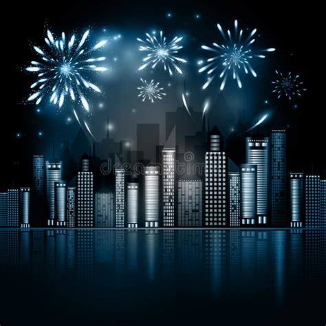 Night City Skyline With Fireworks Stock Illustration Illustration Of