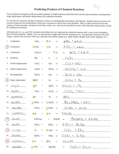 Worksheet Key For Predicting Products Of Chemical Reactions Exercises
