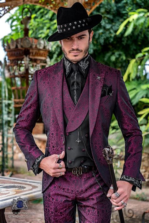 Fuchsia Rocker Groom Suit With Black Gothic Floral Brocade 2941