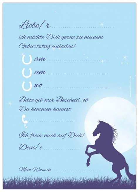 Neben vorlagen für den einladungstext haben wir auch noch jede menge bastelvorlagen für verschiedene geburtstagsmottos für dich zum ausdrucken und nachbasteln. Einladungen zum Kindergeburtstag PFERD im Mondlich - emufarm