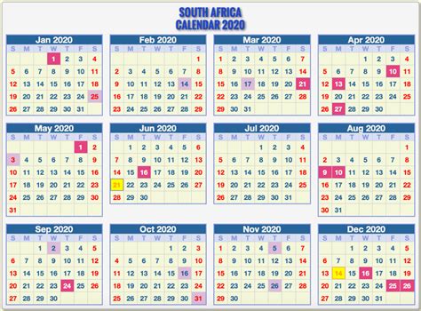 2020 South Africa Calendar For Vacation Tracking Free Printable
