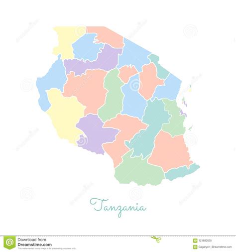 Tanzania Region Map Colorful With White Outline Stock Vector