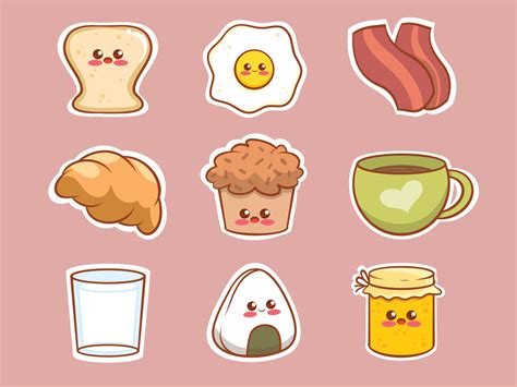 Set Of Cute Breakfast Food Cartoon Character Sticker 4267549 Vector Art