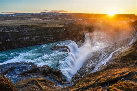 Waterfall And The Sunrise Of Iceland Gullfoss Stock Photo Image Of