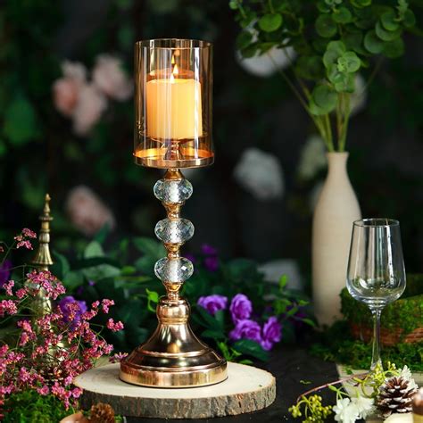 17 Tall Gold Metal Pillar Candle Holder With Hurricane Glass Tube