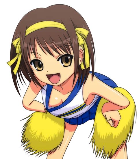 suzumiya haruhi suzumiya haruhi no yuuutsu 1girl breasts cheerleader downblouse flat chest