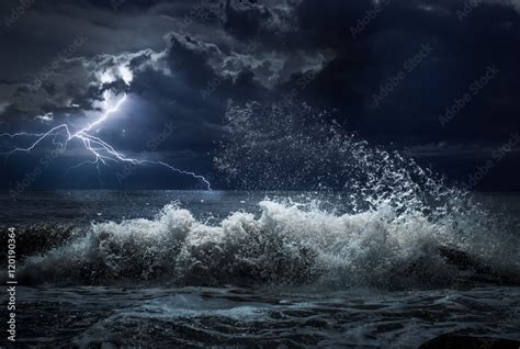 Dark Ocean Storm With Lgihting And Waves At Night Stock Photo Adobe Stock