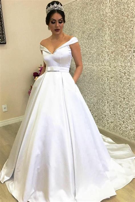 Plunging Off The Shoulder Satin Ball Gown Wedding Dress With Pockets