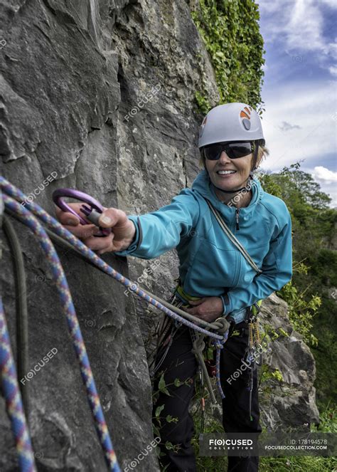 Uk Bristol Avon Gorge Woman Rock Climbing In Mountains Caucasian