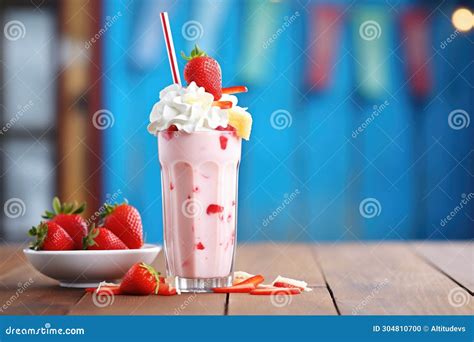 Strawberry Milkshake With Whipped Cream And Fresh Strawberries On Top Stock Photo Image Of