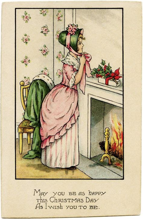 Victorian Lady In Pink Christmas Card Pink Christmas Vintage
