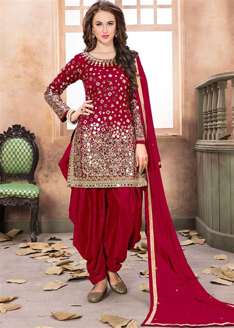 Red Art Silk Punjabi Salwar Suit With Dupatta Patiala Dress