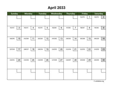 April 2033 Calendar With Day Numbers