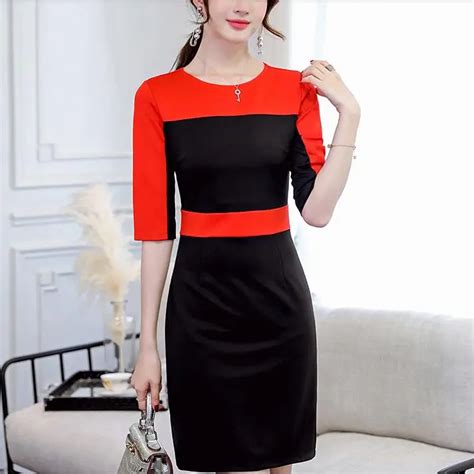 Fashion Red Black Patchwork Wear To Work Business Vestidos Bodycon Dress Women Summer Elegant