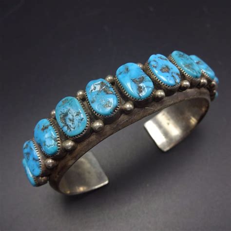 Vintage Navajo Sterling Silver Kingman Turquoise Row Cuff Brace