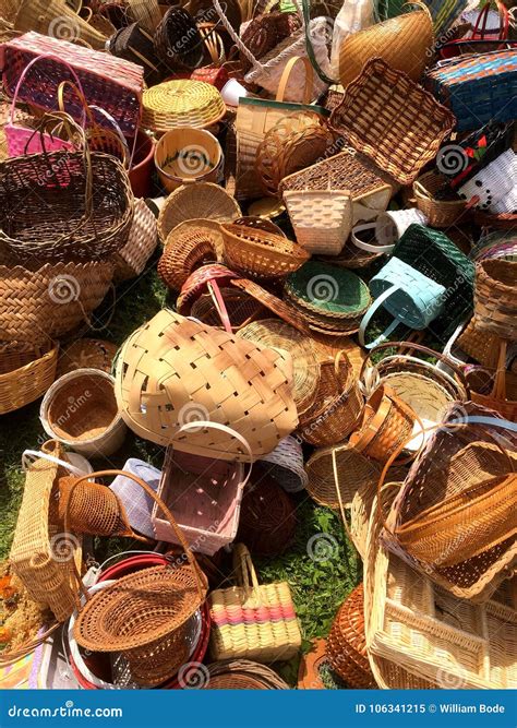 A Messy Pile Of A Variety Of Baskets Stock Image Image Of Woven