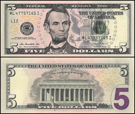 United States Of America Usa 5 Dollars Banknote 2013 P 539 Unc