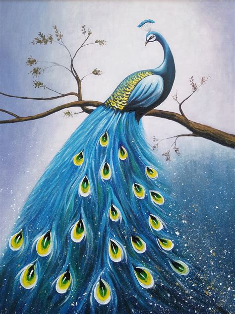 Peacock Decor Oil Painting Gold Blue Painting On Canvas Etsy
