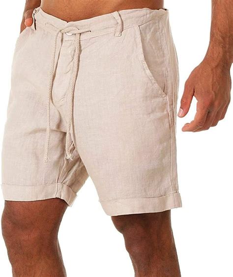Hulpvktsgiq Mens Summer Beach Linen Shorts Casual Elastic Waist Drawstring Solid