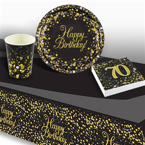 70th Birthday Tableware Pack Black And Gold Party Save Smile