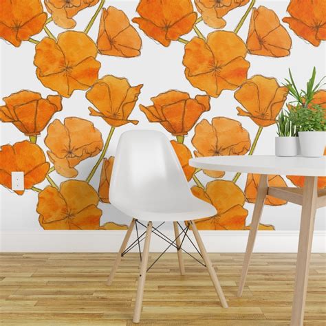 Peel And Stick Wallpaper 2ft Wide Poppy Pattern Large Scale Floral Orange