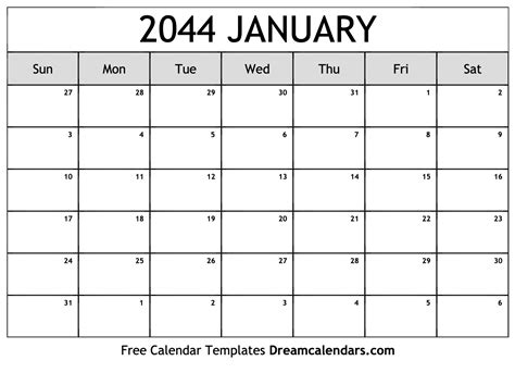 January 2044 Calendar Free Printable With Holidays And Observances
