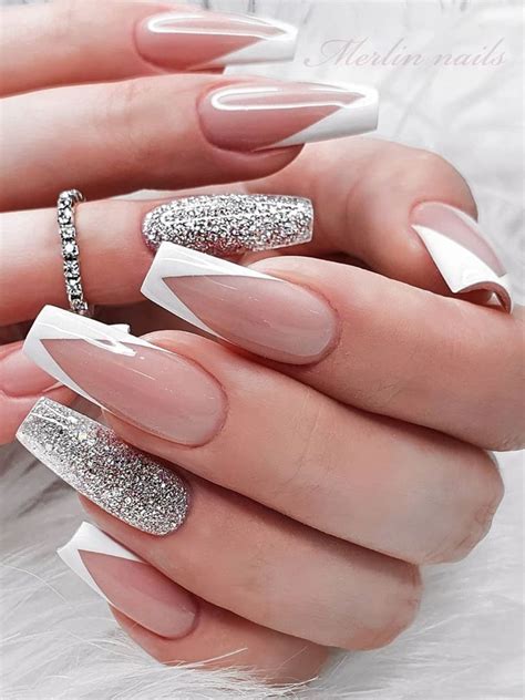 Cute White Modern V French Tip Coffin Nails With Silver Glitter Accent