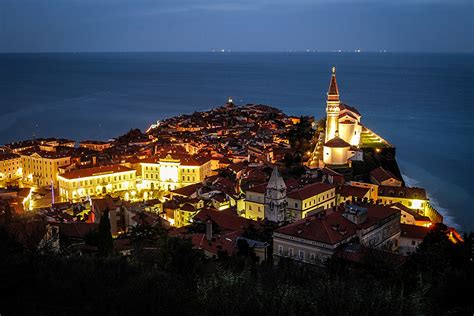 Pictures Slovenia Piran Sea Night From Above Houses Cities
