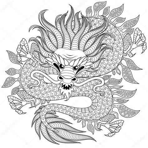Chinese Dragon In Zentangle Style For Tatoo Adult Antistress Coloring