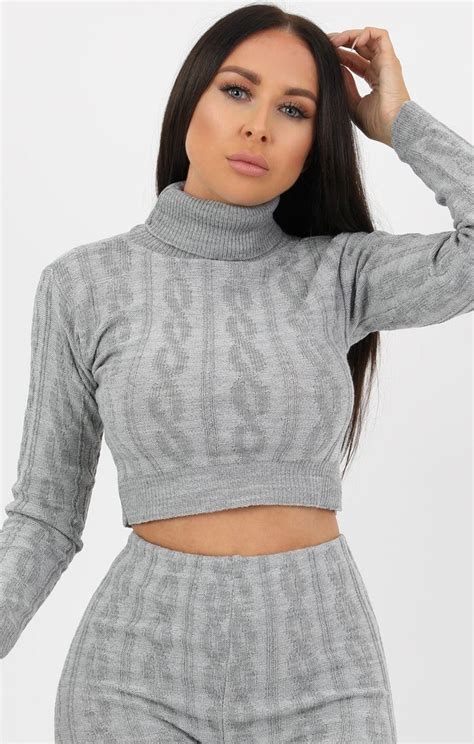Grey Cable Knit Polo Neck Co Ord Set Co Ord Femme Luxe