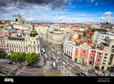 Madrid Spain Cityscape Above Gran Via Shopping Street Stock Photo Alamy