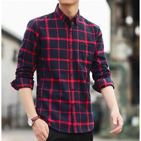 Mens Long Sleeve Checkered Cotton Shirt In Red Mens Casual Outfits