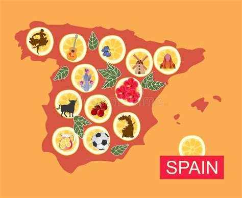 Mapa De España Con Diversos Símbolos Nacionales En Pedazos De Limón