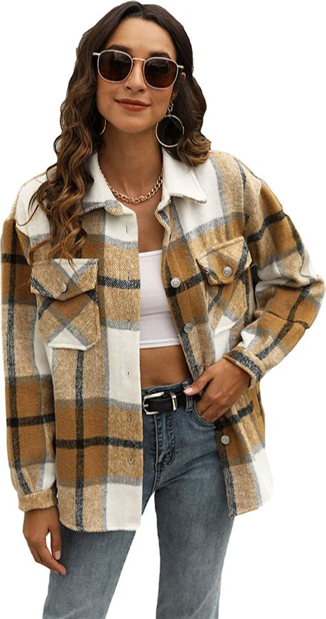 Qiaomai Womens Plaid Long Sleeve Lapel Button Short Pocketed Flannel