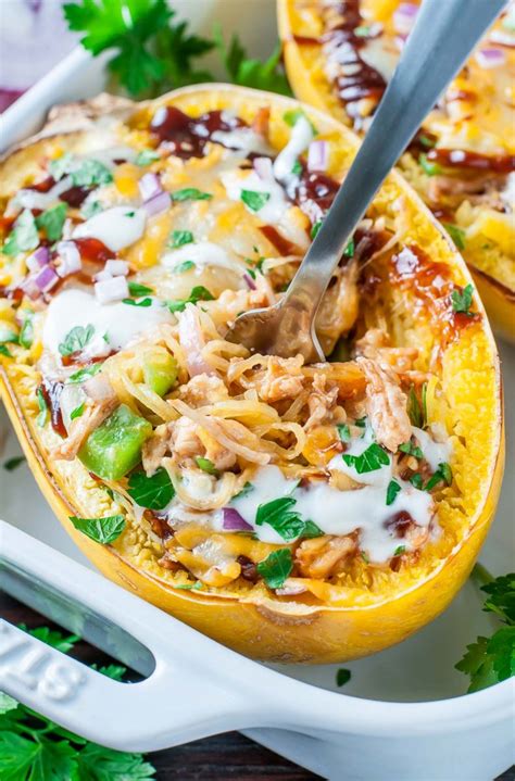 Place the spaghetti squash, flesh side up, on a sheet pan and season generously with salt and pepper. BBQ Chicken Spaghetti Squash - Peas And Crayons