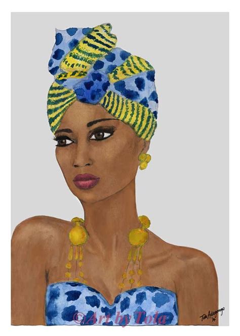 African Woman Blue Yellow Headwrap Fine Art Giclee Print From Etsy