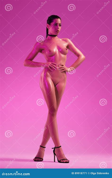 Beautiful Naked Woman With Fuchsia Light Posing Stock Image Image Of