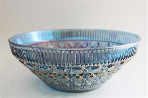 Vintage Blue Carnival Iridescent Glass Bowl Federal Windsor Pattern Cane Or Button